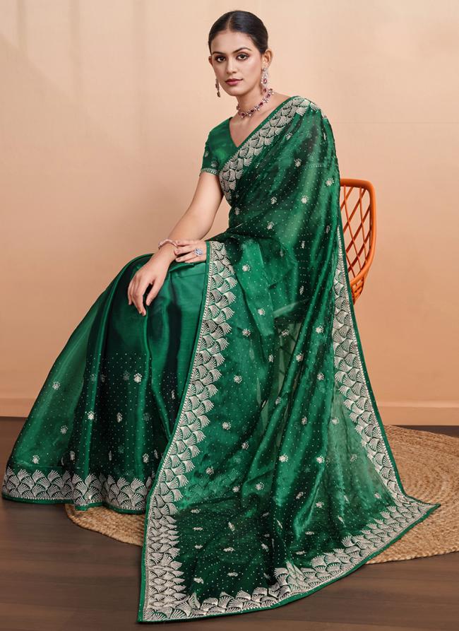 Blooming Burberry Green Party Wear Embroidery Work Saree